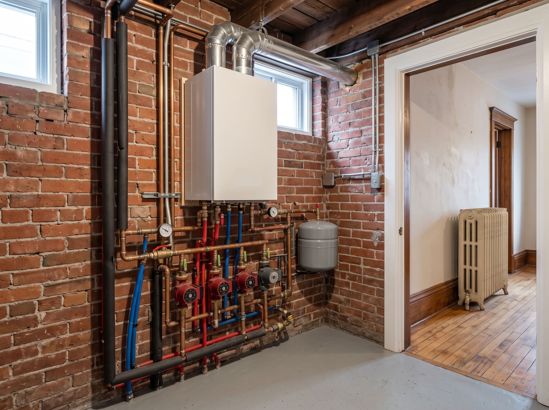 A wall-hung condensing boiler with a copper and PEX manifold in the utility room of an older brick Ottawa home