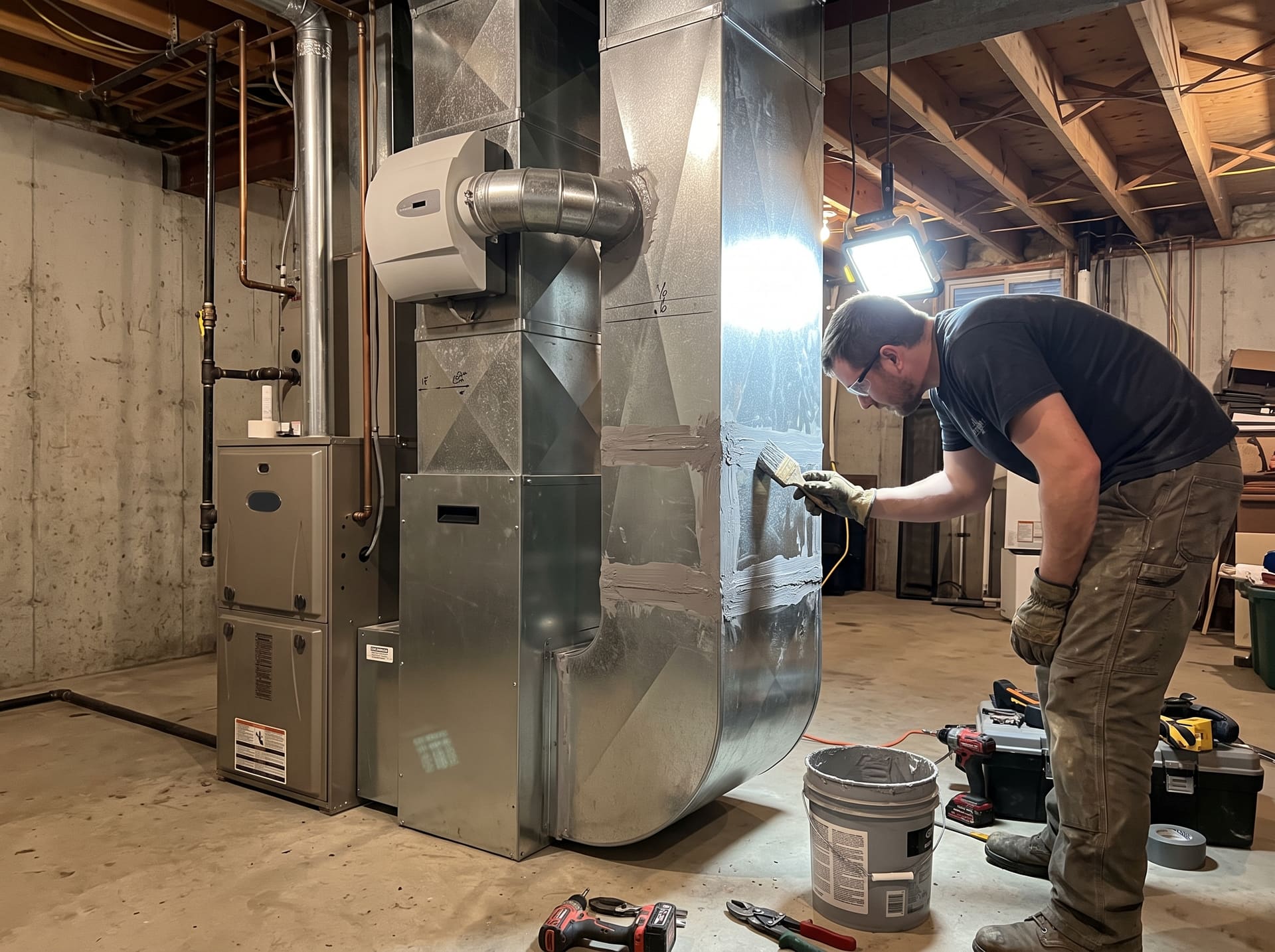 A technician seals a duct joint with mastic beside a new media filter cabinet and bypass humidifier
