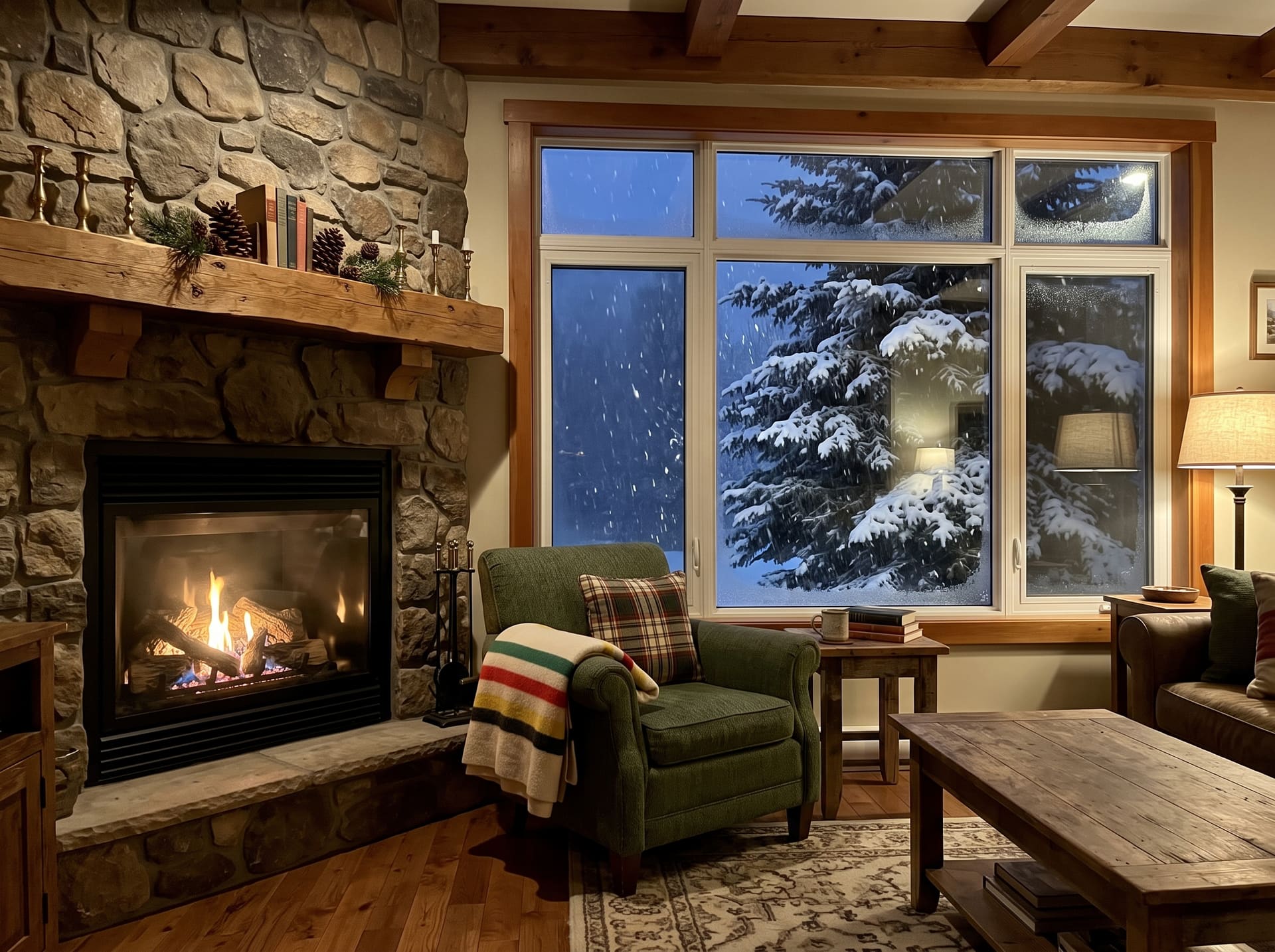 A lit gas fireplace in a stone surround on a snowy Ottawa evening, heavy snowfall through the window