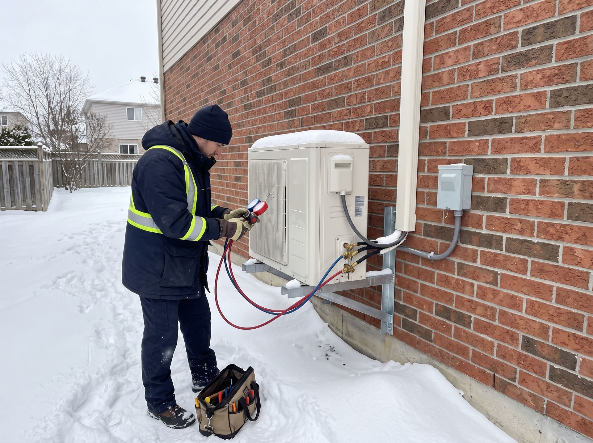 A technician checks a cold-climate heat pump mounted on a wall bracket above the snow beside a brick Ottawa home