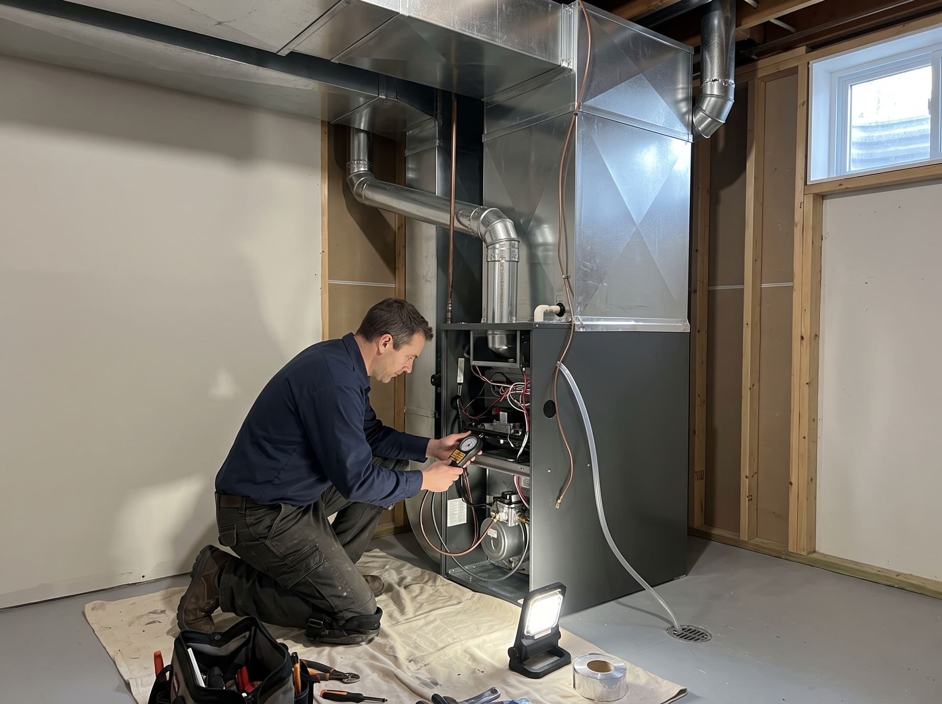 A technician checks the gas valve on a newly installed high-efficiency furnace with fresh sheet-metal ductwork in a finished basement