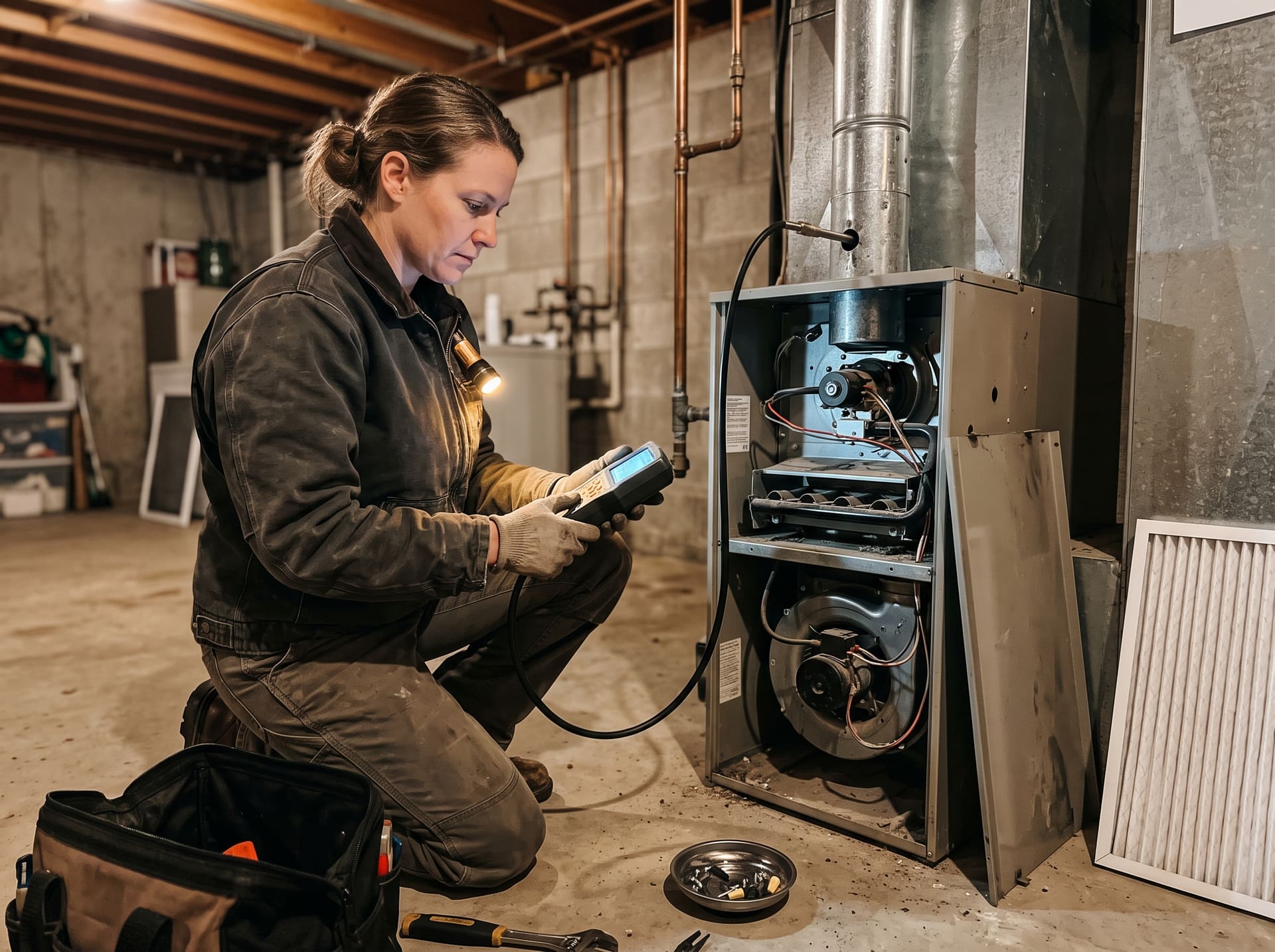 A technician checks flue gases with a combustion analyzer during a furnace tune-up
