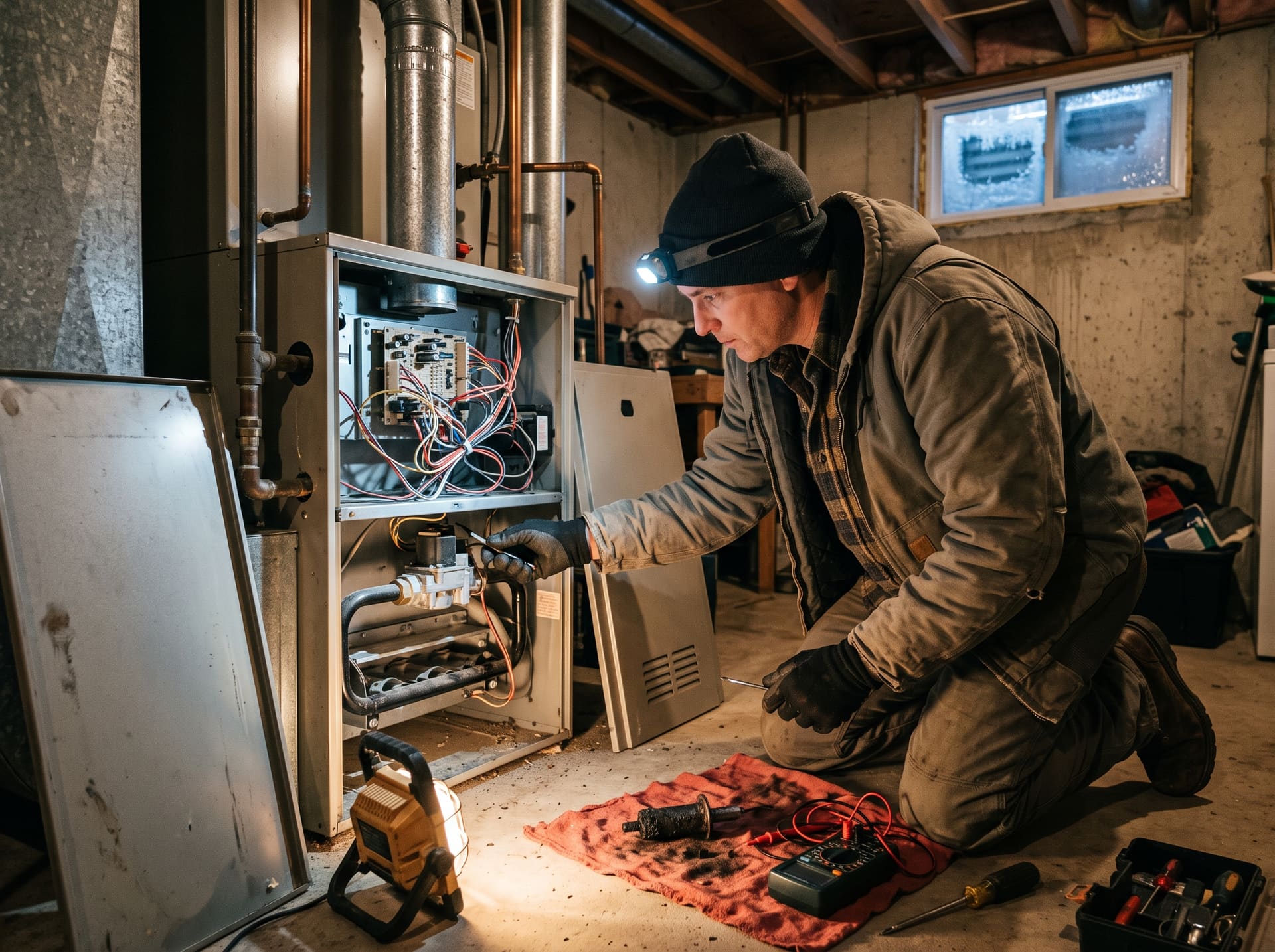 A technician with a headlamp replaces the igniter inside an open gas furnace on a winter evening