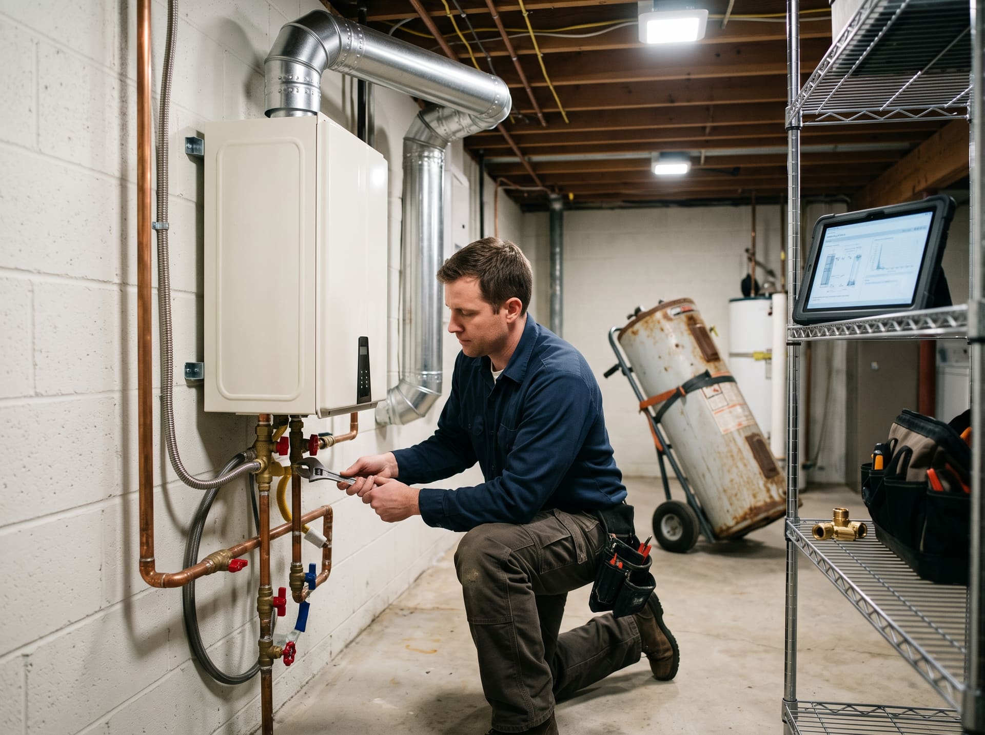 A technician commissions a wall-mounted tankless water heater while the old tank waits on a dolly for pickup